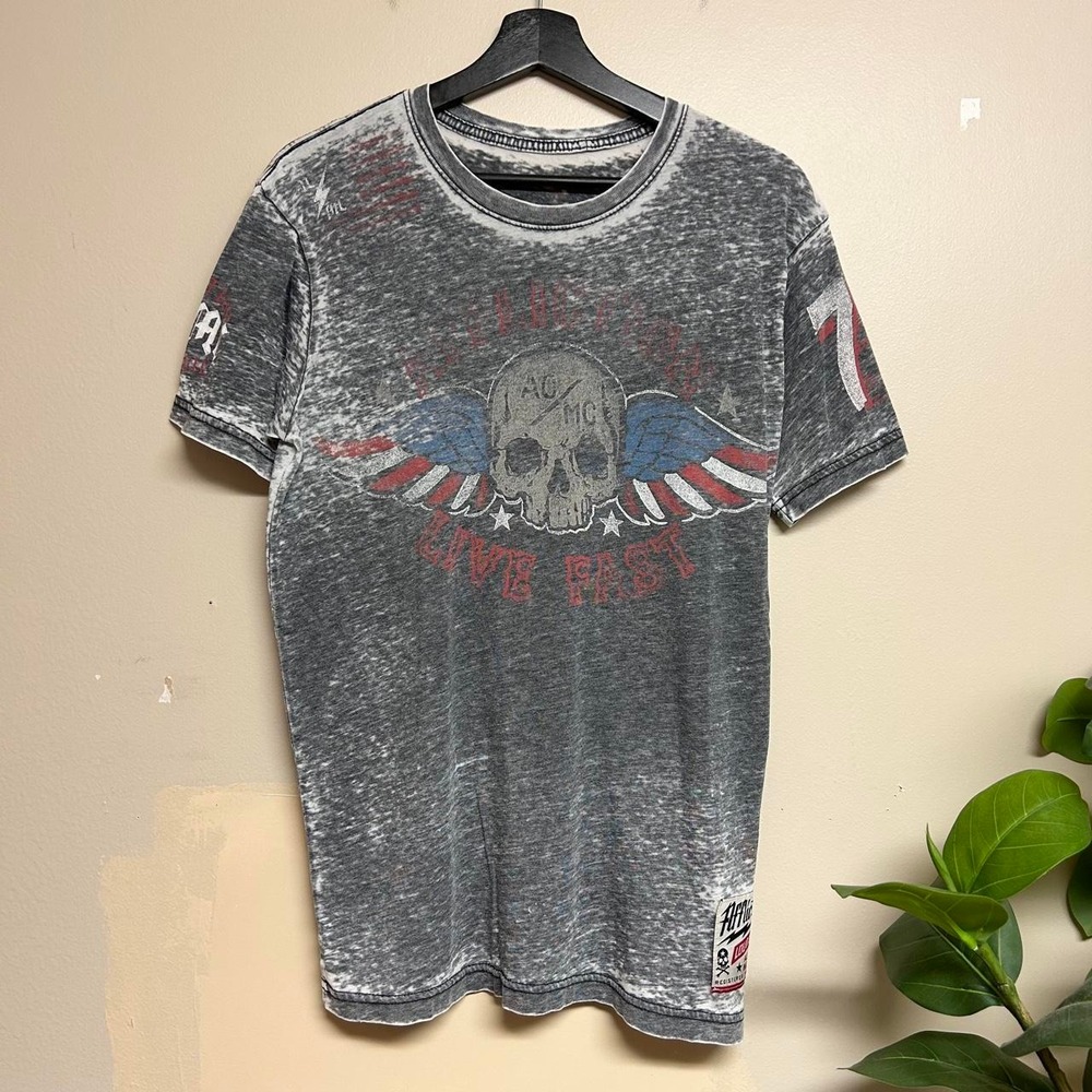 Affliction Skeleton Skull Grunge Punk Shirt Mens Medium Grey Y2K Burnout T-Shirt